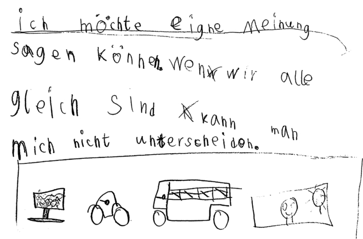 Bild zeigt Schriftzug eines Kindes "Ich möchte eigne Meinung Sachen können. Wenn wir alle gleich sind, kann man mich nicht unterscheiden"