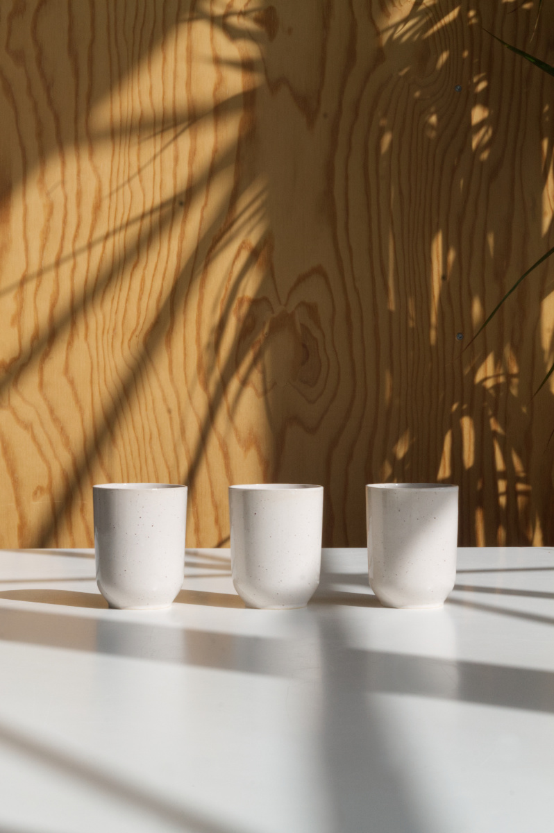 Bild zeigt drei Becher vor einer Holzwand mit einem Schattenwurf von einer Pflanze