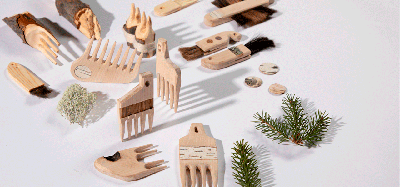 Bild zeigt acht verschiedene Kämme, die von ihrer Form an Fabelwesen erinnern, sowie Nadeln, Baumrinden und Moos