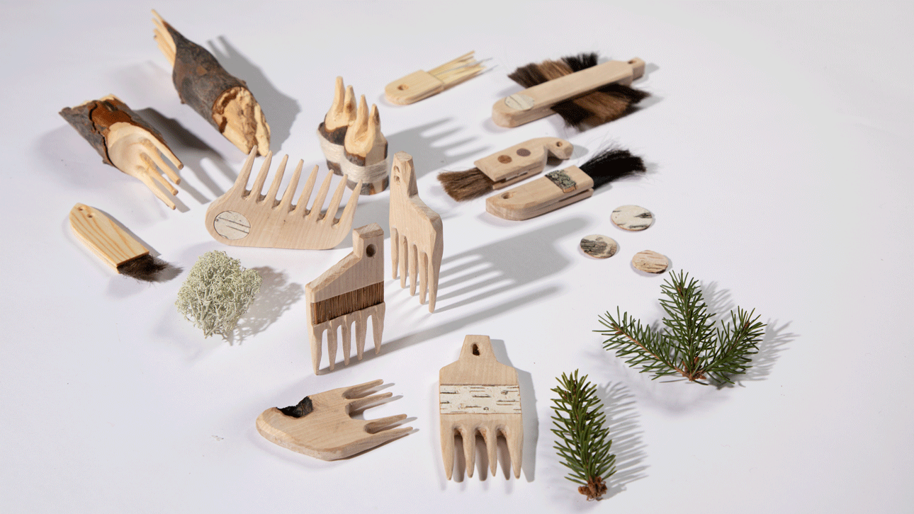 Bild zeigt acht verschiedene Kämme, die von ihrer Form an Fabelwesen erinnern, sowie Nadeln, Baumrinden und Moos